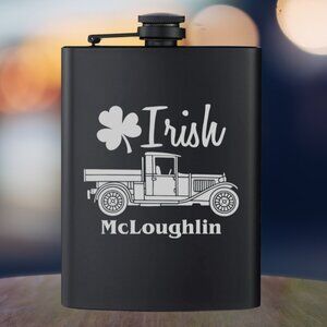 Personalized Engraved Irish Clover Irish Old Vintage Truck Black Flask